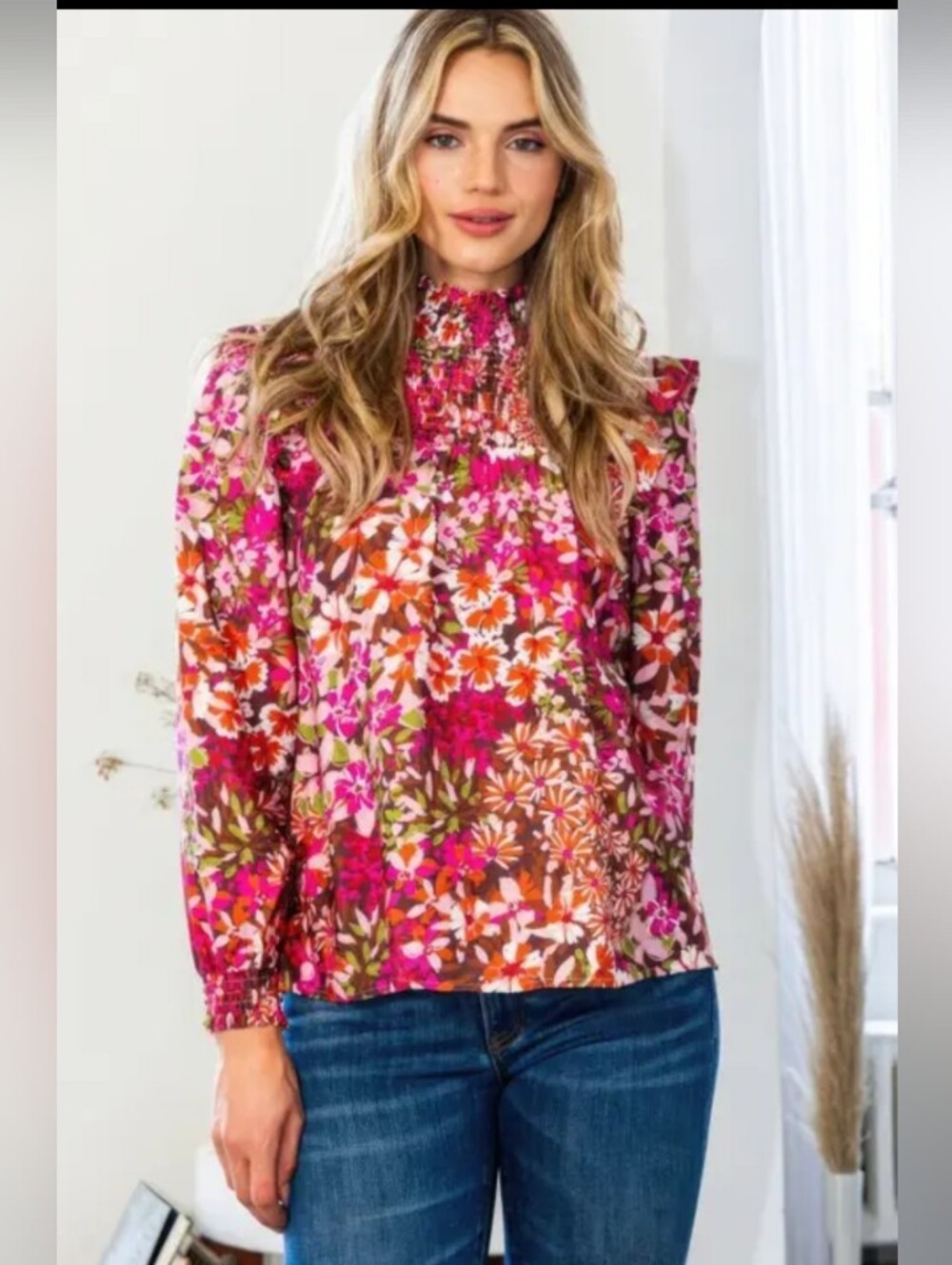 Floral Ruffle YOKE High-Neck Blouse - Pink Multi - Picture 2 of 6